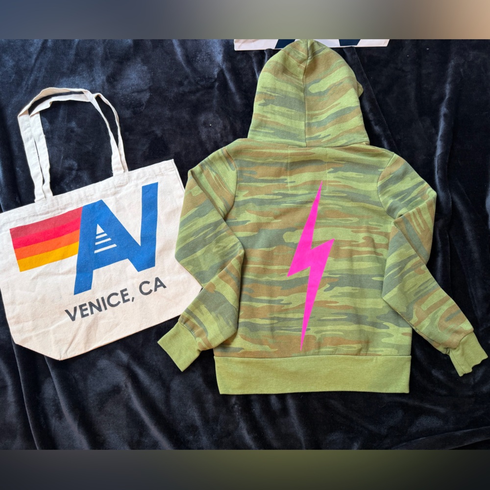 NWT Aviator Nation Bolt Zip Hoodie Sweatshirt in Camo Neon Stripe Extra Small